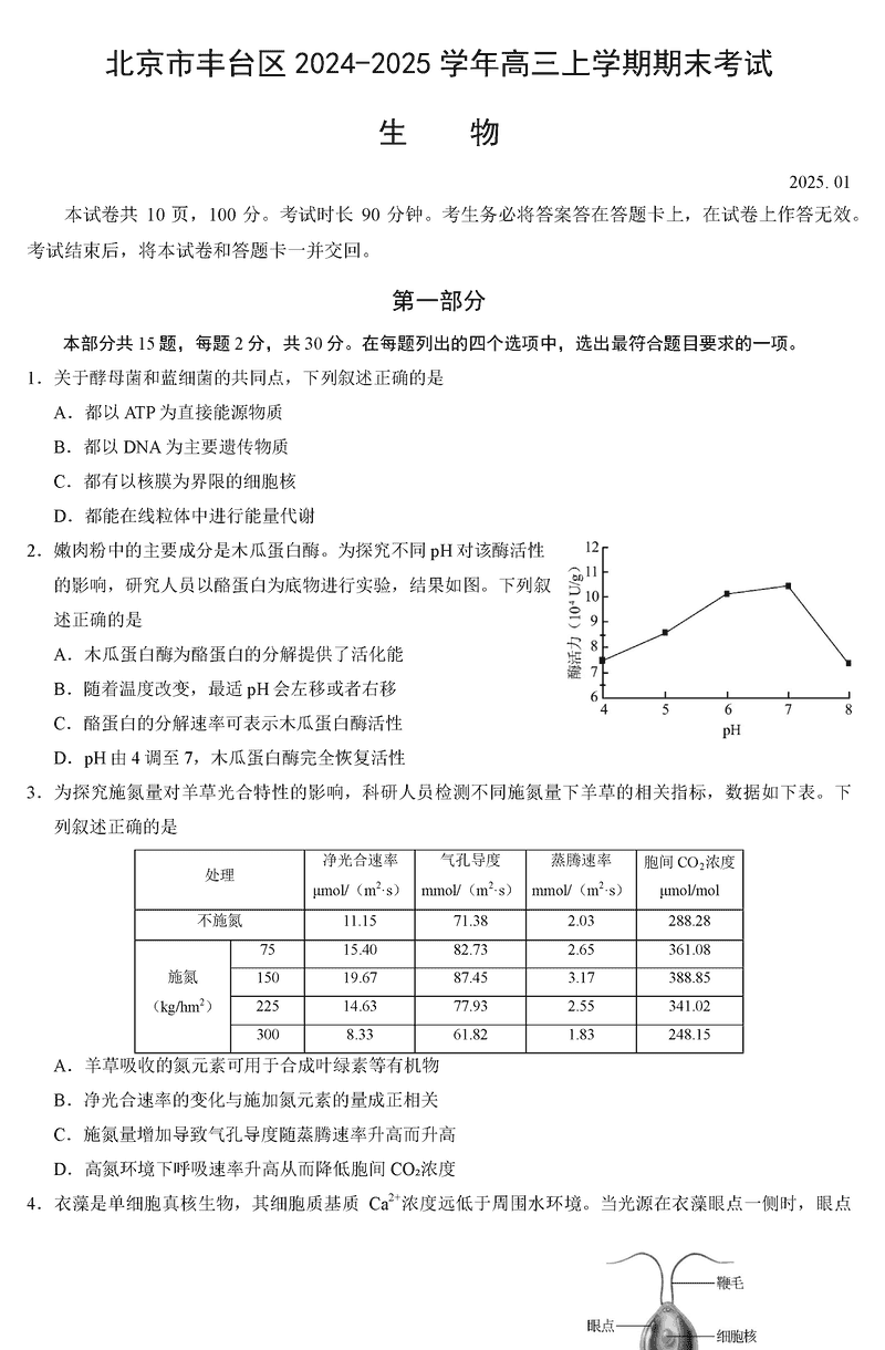 北京市丰台区2024-2025学年高三上学期期末生物试卷及参考答案